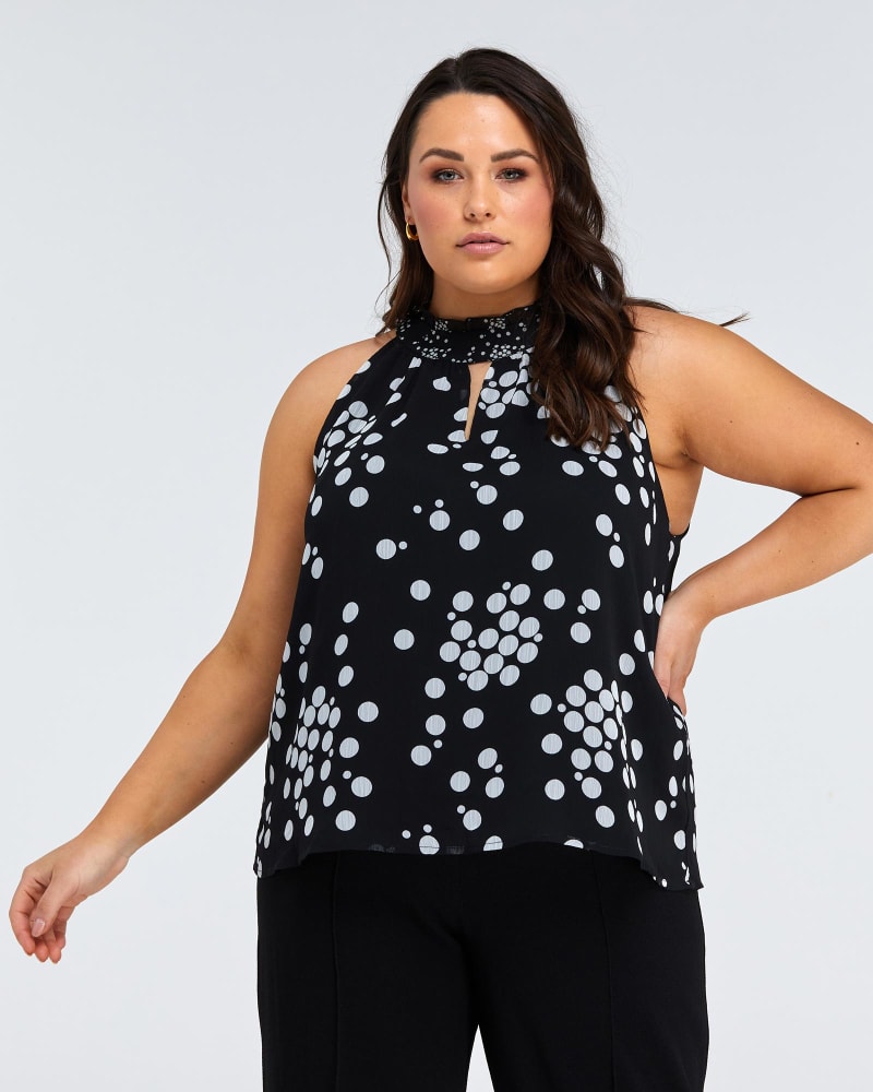 Front of a model wearing a size 4X Adele Spot Top in Black/Milk by Estelle. | dia_product_style_image_id:264371